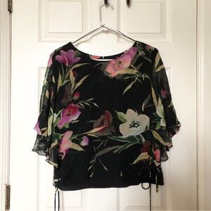 100% Silk Blouse Adrianna Papell Black Floral blouse two layer top floral sz 12